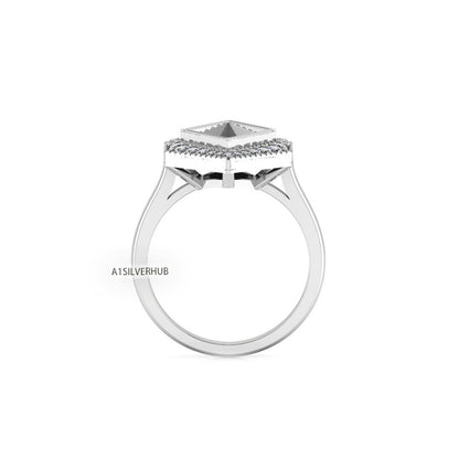 925 Sterling Solid Silver Rhombus Shape 13x8mm Blank Bezel CZ Setted Ring, Good for Gemstone, Resin & Ashes Work, Keepsake Breastmilk DIY