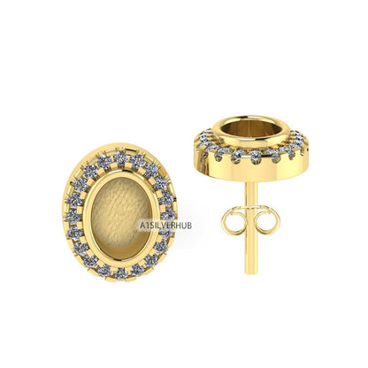 925 Sterling Silver 5x7mm Oval Shape Blank Bezel Stud Earring with Surrounded Zircon Setted, Good for Resin & Ashes Work, Keepsake DIY Craft