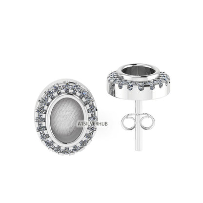 925 Sterling Silver 5x7mm Oval Shape Blank Bezel Stud Earring with Surrounded Zircon Setted, Good for Resin & Ashes Work, Keepsake DIY Craft