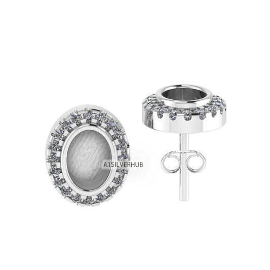 925 Sterling Silver 5x7mm Oval Shape Blank Bezel Stud Earring with Surrounded Zircon Setted, Good for Resin & Ashes Work, Keepsake DIY Craft