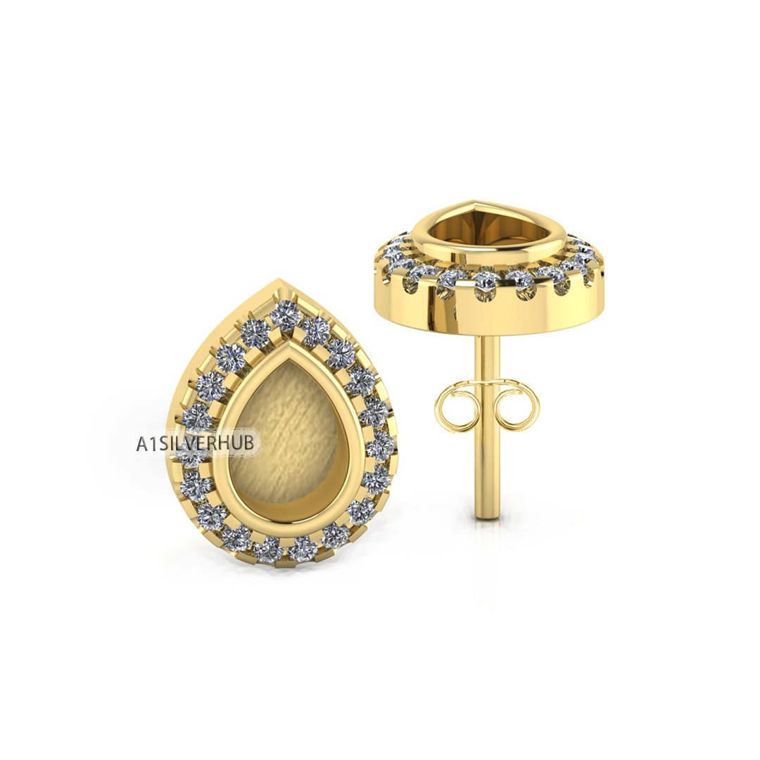 925 Sterling Silver 5x7mm Pear Shape Blank Bezel Stud Earring with Surrounded Zircon Setted, Good for Resin & Ashes Work, Keepsake DIY Craft