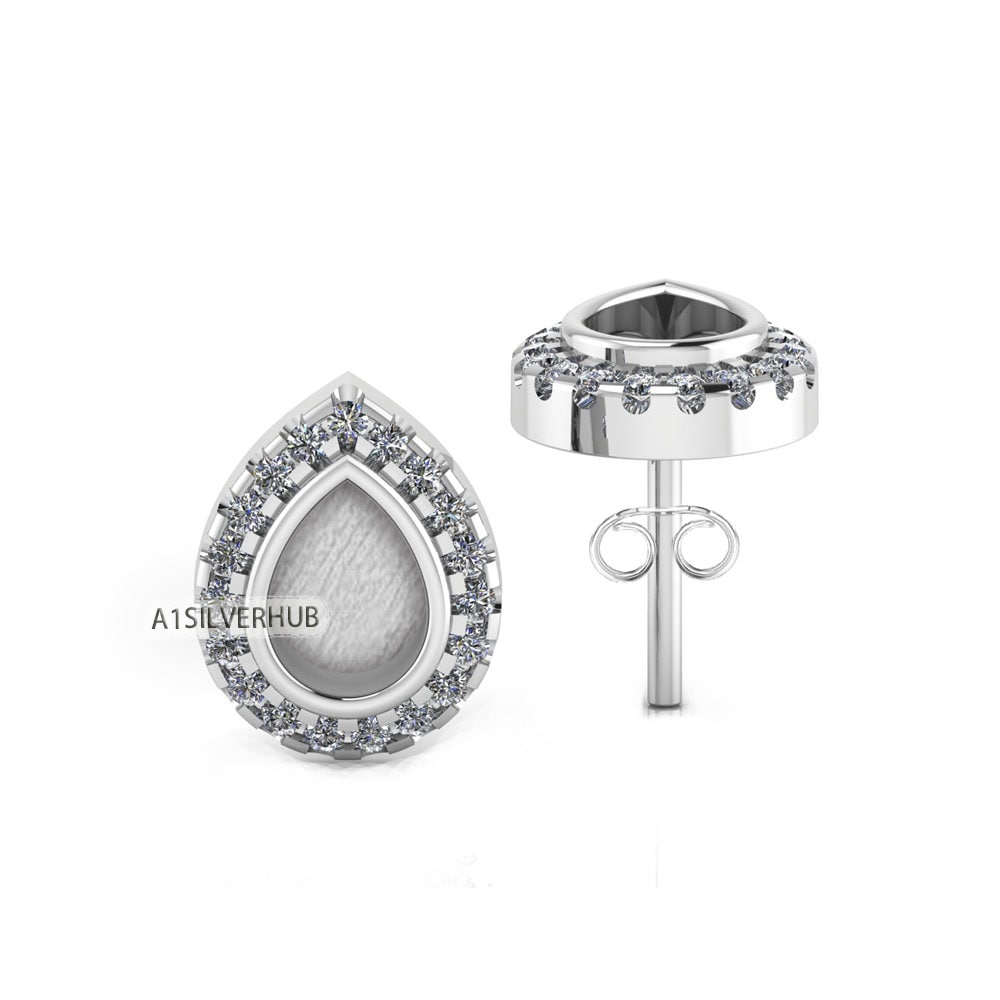 925 Sterling Silver 5x7mm Pear Shape Blank Bezel Stud Earring with Surrounded Zircon Setted, Good for Resin & Ashes Work, Keepsake DIY Craft
