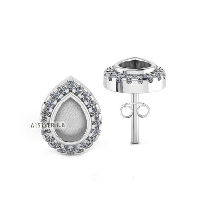 925 Sterling Silver 5x7mm Pear Shape Blank Bezel Stud Earring with Surrounded Zircon Setted, Good for Resin & Ashes Work, Keepsake DIY Craft