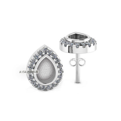 925 Sterling Silver 5x7mm Pear Shape Blank Bezel Stud Earring with Surrounded Zircon Setted, Good for Resin & Ashes Work, Keepsake DIY Craft