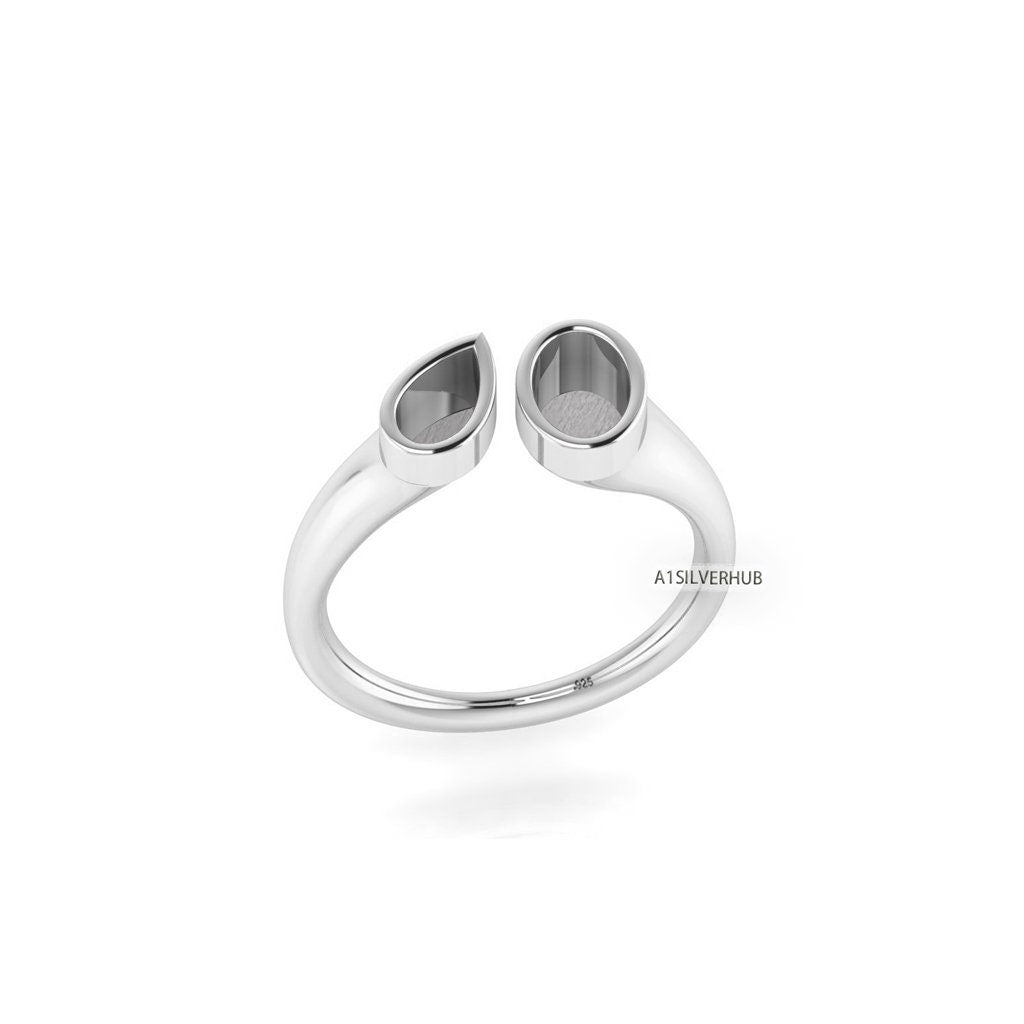 925 Sterling Solid Silver 6x3mm Pear 6x4.5mm Oval Blank Bezel Adjustable Ring, Good for Resin & Ashes Work, Breastmilk/Keepsake DIY Crafts