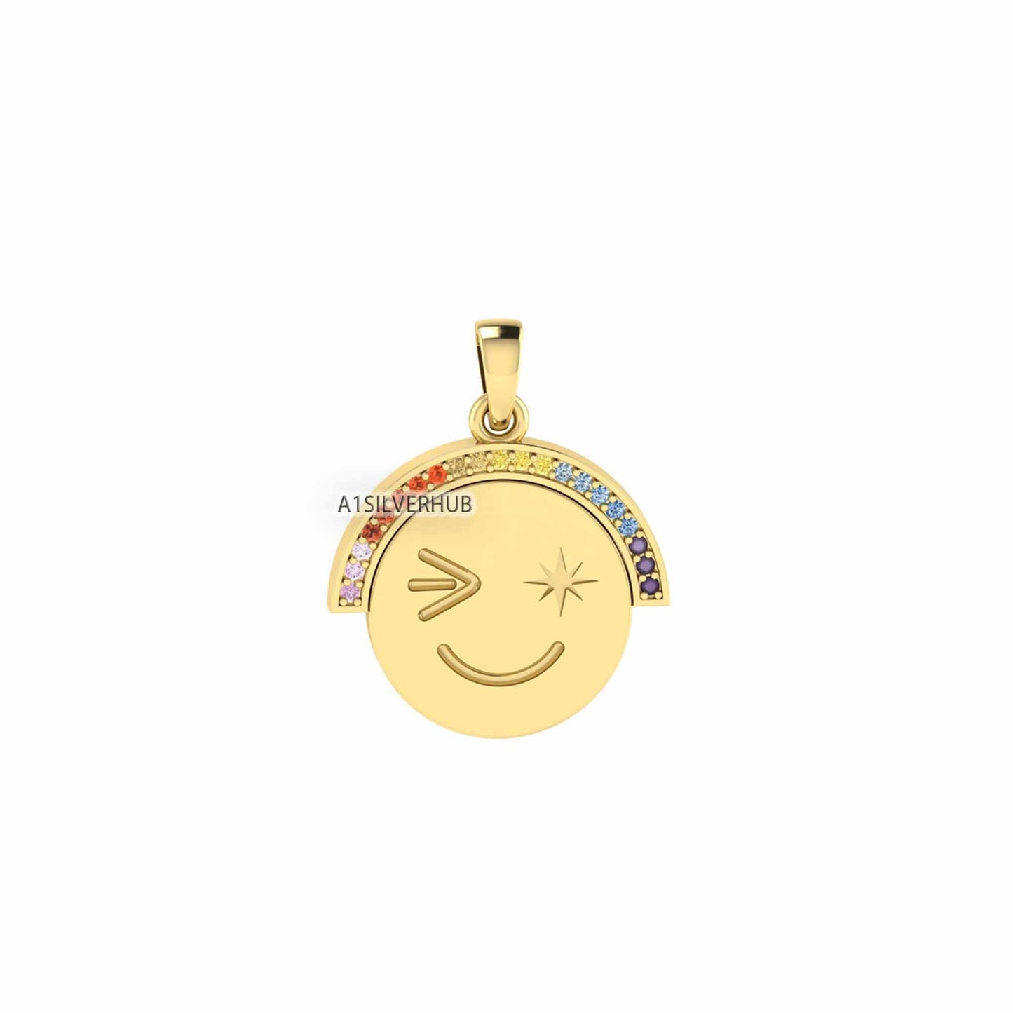925 Sterling Solid Silver Attractive Cute Smiley Happy Face Emoji Euphoric Rainbow CZ Setted Pendant, Keepsake Memorial, Gifts for Her/ Him