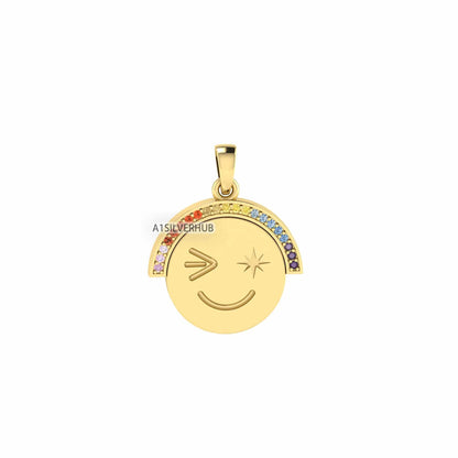 925 Sterling Solid Silver Attractive Cute Smiley Happy Face Emoji Euphoric Rainbow CZ Setted Pendant, Keepsake Memorial, Gifts for Her/ Him