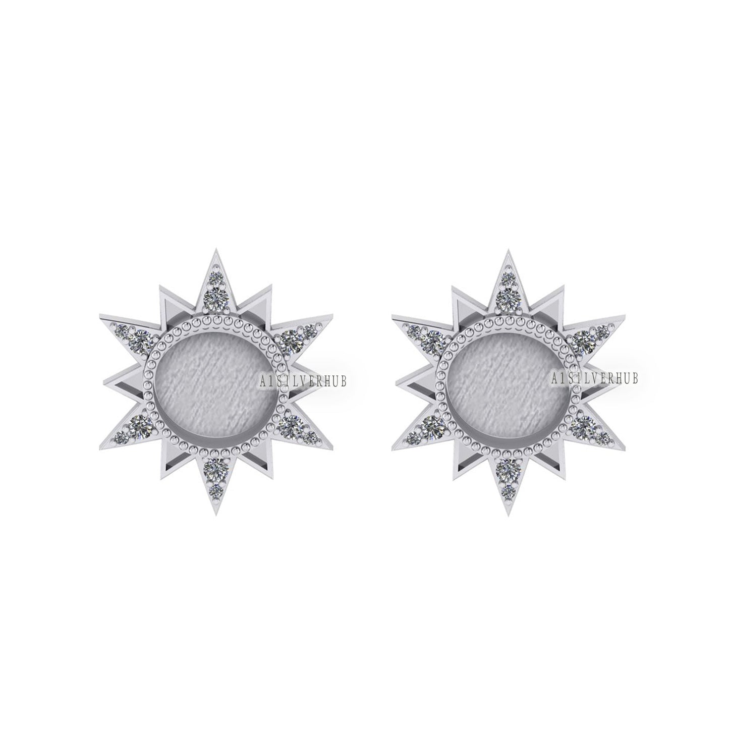 925 Sterling Silver Starburst Round Blank Bezel Stud Earrings with Surrounded Zircon Setted, Good for Resin & Ashes Work, Keepsake DIY Craft
