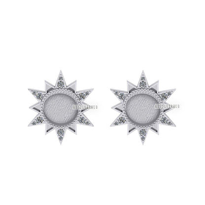 925 Sterling Silver Starburst Round Blank Bezel Stud Earrings with Surrounded Zircon Setted, Good for Resin & Ashes Work, Keepsake DIY Craft