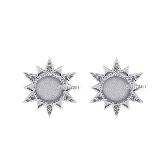 925 Sterling Silver Starburst Round Blank Bezel Stud Earrings with Surrounded Zircon Setted, Good for Resin & Ashes Work, Keepsake DIY Craft