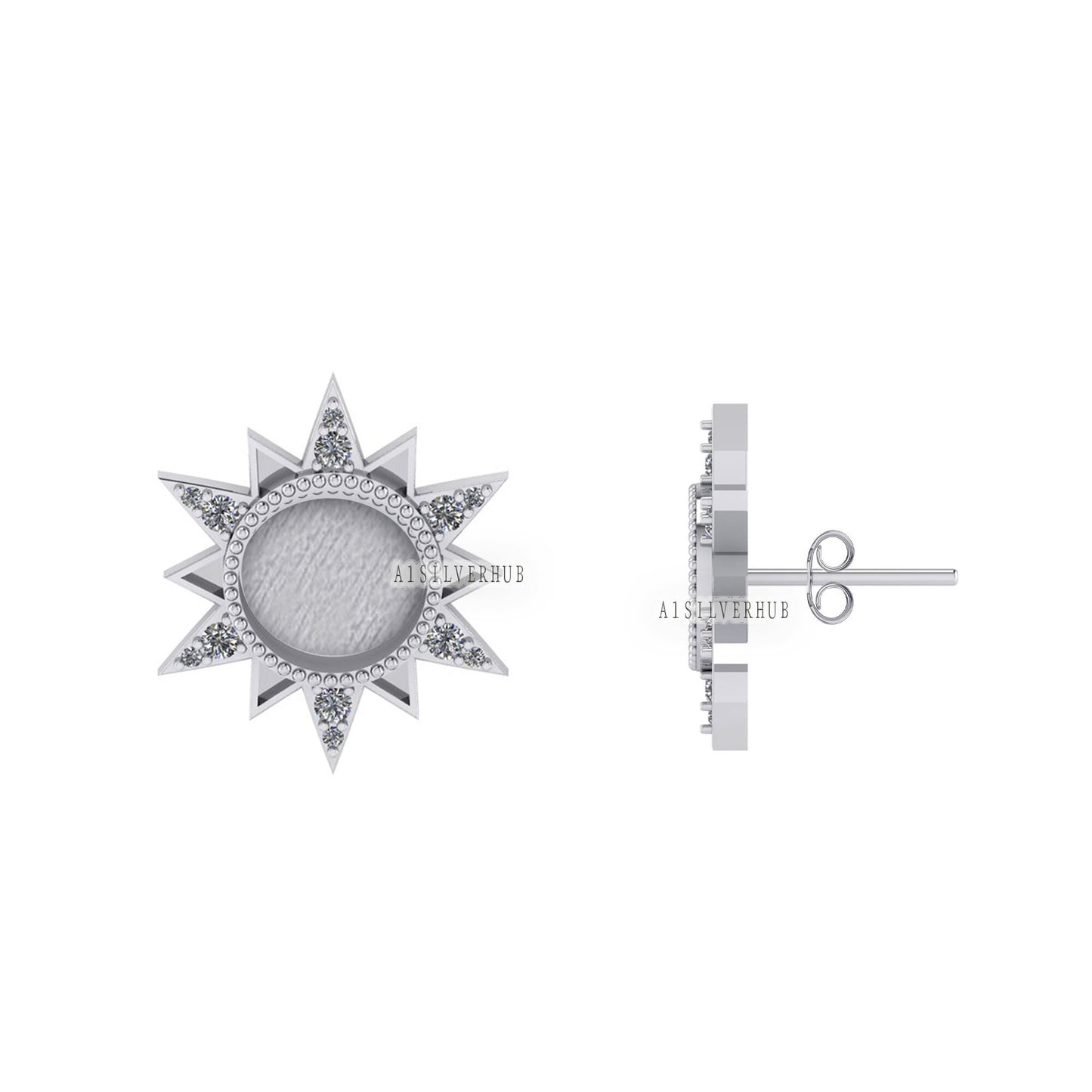 925 Sterling Silver Starburst Round Blank Bezel Stud Earrings with Surrounded Zircon Setted, Good for Resin & Ashes Work, Keepsake DIY Craft