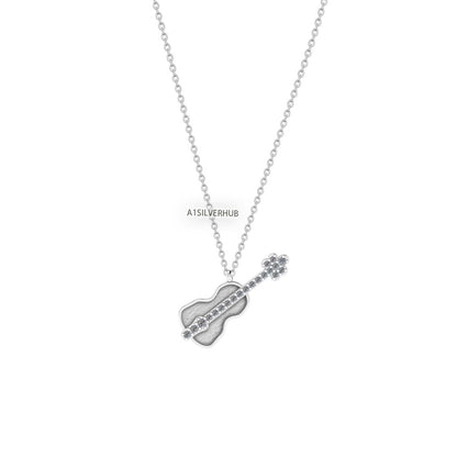 925 Sterling Silver Violin Blank Bezel with CZ Setted Necklace, Good for Resin & Ashes, Keepsake/Breastmilk DIY, Music Teacher Gift 16''+2''