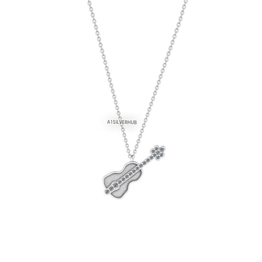 925 Sterling Silver Violin Blank Bezel with CZ Setted Necklace, Good for Resin & Ashes, Keepsake/Breastmilk DIY, Music Teacher Gift 16''+2''