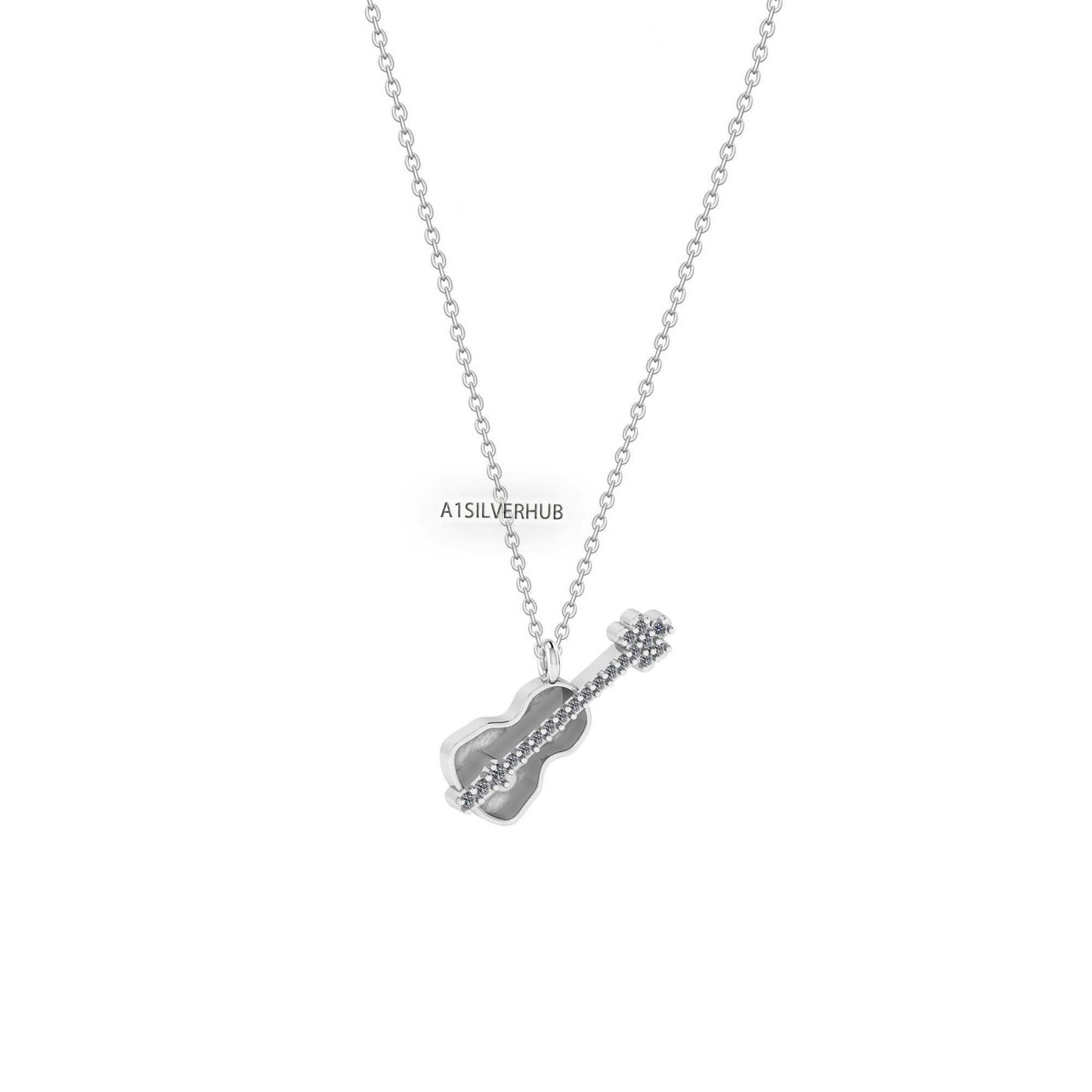 925 Sterling Silver Violin Blank Bezel with CZ Setted Necklace, Good for Resin & Ashes, Keepsake/Breastmilk DIY, Music Teacher Gift 16''+2''
