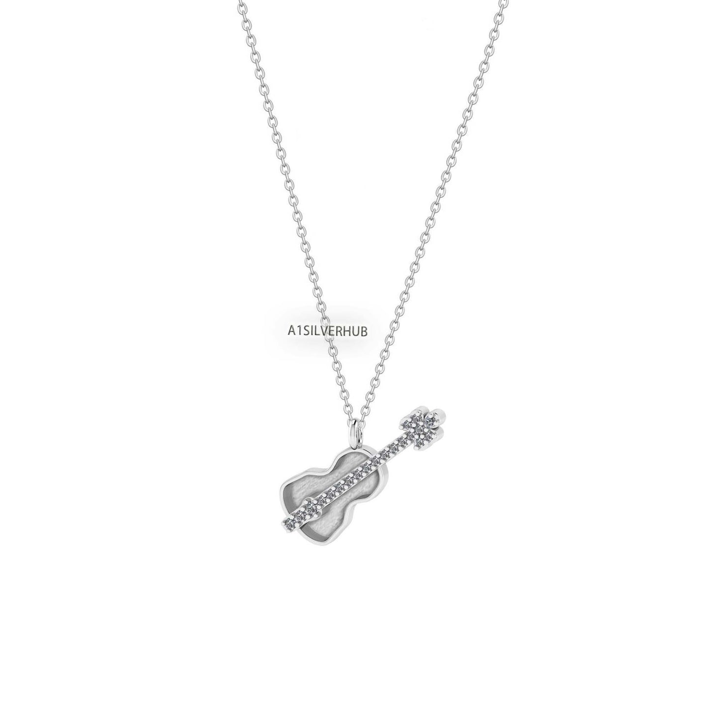 925 Sterling Silver Violin Blank Bezel with CZ Setted Necklace, Good for Resin & Ashes, Keepsake/Breastmilk DIY, Music Teacher Gift 16''+2''