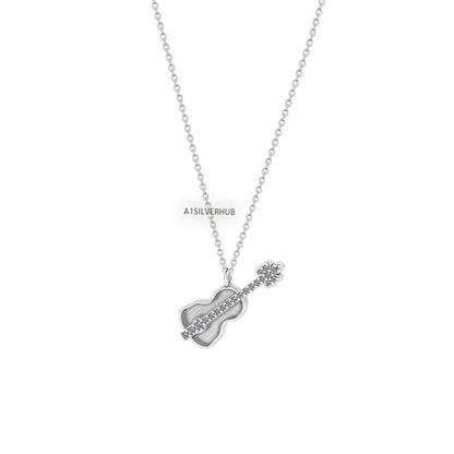 925 Sterling Silver Violin Blank Bezel with CZ Setted Necklace, Good for Resin & Ashes, Keepsake/Breastmilk DIY, Music Teacher Gift 16''+2''