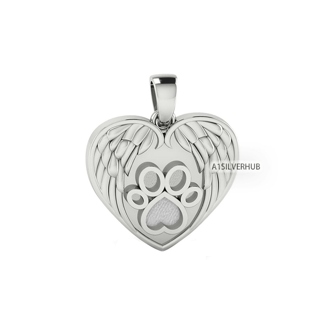 Angel Wings Heart with Dog Paw Blank Bezel Pendant Setting, 925 Sterling Silver, Good for Resin & Ashes Work, Keepsake/Breastmilk DIY Crafts