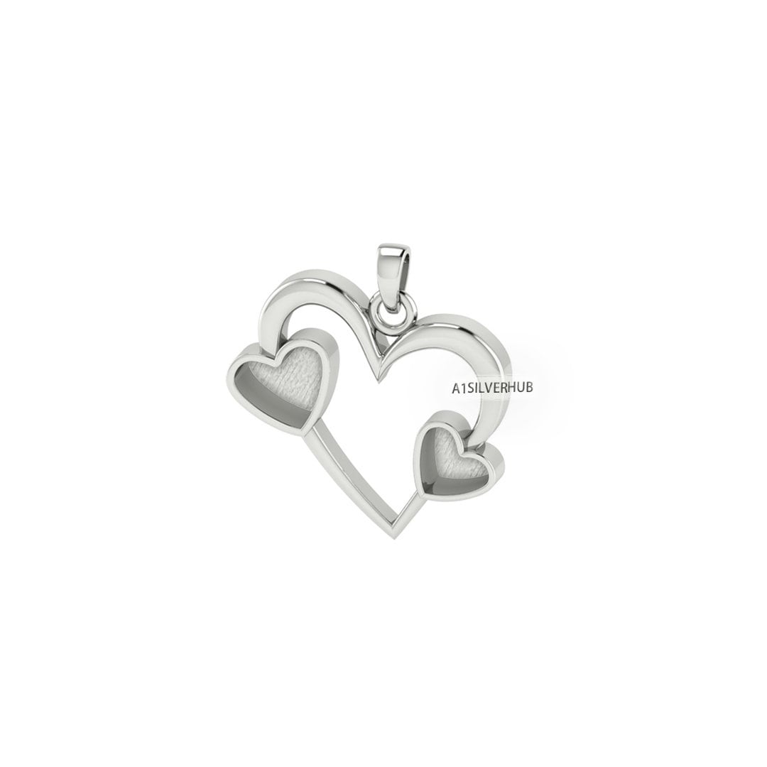 925 Sterling Silver, Two Hearts Inside Big Heart 6mm 8mm Empty Bezel Pendant Setting, Good for Resin and Ashes Work, Keepsake/Breastmilk DIY