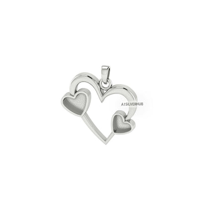 925 Sterling Silver, Two Hearts Inside Big Heart 6mm 8mm Empty Bezel Pendant Setting, Good for Resin and Ashes Work, Keepsake/Breastmilk DIY