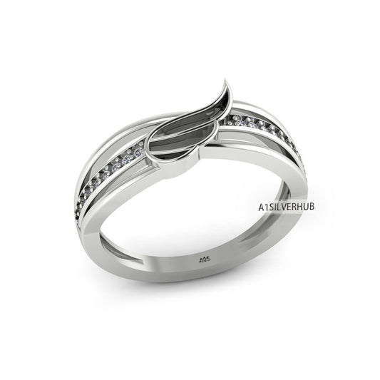 925 Sterling Solid Silver Angel Wing Blank Channel with Zircon Setted Band Ring, Good for Resin & Ashes Work, Keepsake/Breastmilk DIY Crafts