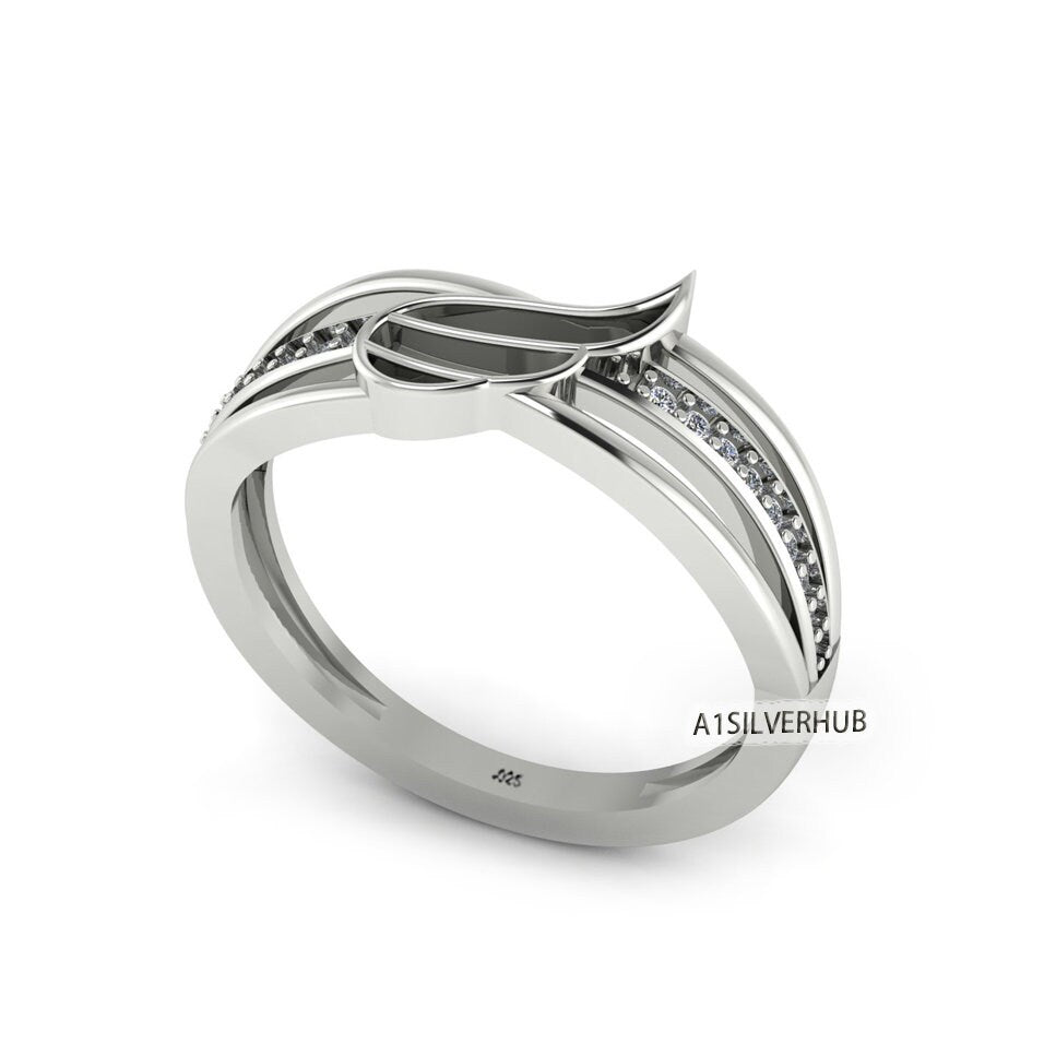 925 Sterling Solid Silver Angel Wing Blank Channel with Zircon Setted Band Ring, Good for Resin & Ashes Work, Keepsake/Breastmilk DIY Crafts