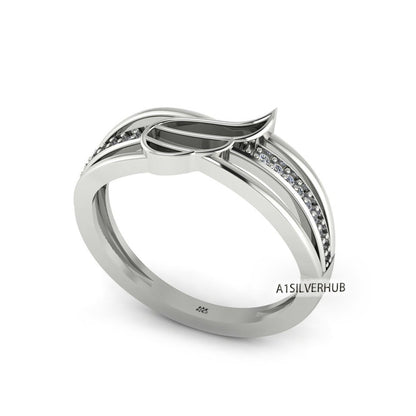 925 Sterling Solid Silver Angel Wing Blank Channel with Zircon Setted Band Ring, Good for Resin & Ashes Work, Keepsake/Breastmilk DIY Crafts