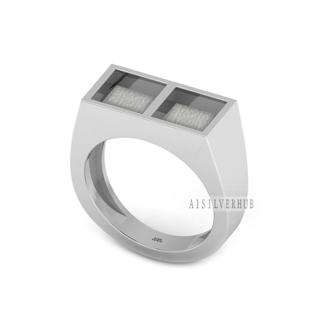 925 Sterling Solid Silver 7mm Two Square Shape Men's Ring Setting, Good for Crushed Opal, Inlay Resin Ashes & Fordite Work, Keepsake Jewelry