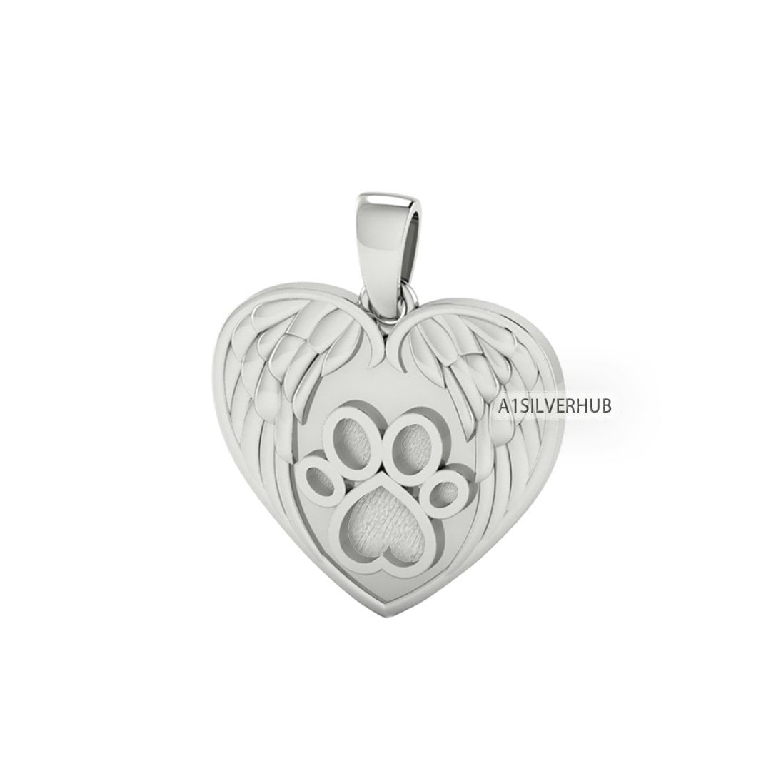 Angel Wings Heart with Dog Paw Blank Bezel Pendant Setting, 925 Sterling Silver, Good for Resin & Ashes Work, Keepsake/Breastmilk DIY Crafts