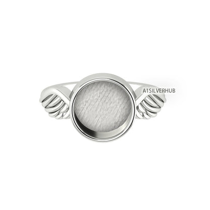 925 Sterling Solid Silver 10mm Round Blank Bezel with Angel Wings Ring Setting, Good for Resin & Ashes Work, Breastmilk Keepsake DIY Crafts