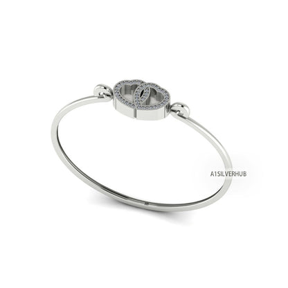 925 Sterling Solid Silver 8mm Heart CZ Setted Blank Bezel Bangle with hook clasp, Good for Resin & Ashes Work, Keepsake/Breastmilk DIY Craft